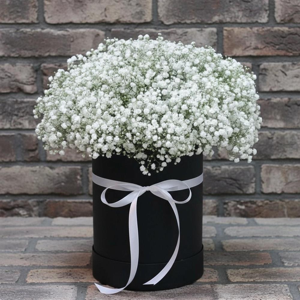 Цветочная композиция из Гипсофила в шляпной коробке в Грозном