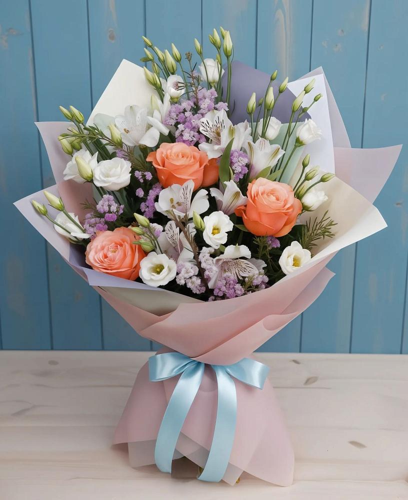 Букет цветов из: Лизиантусы, Розы, Альстромерии и Гипсофила в Грозном